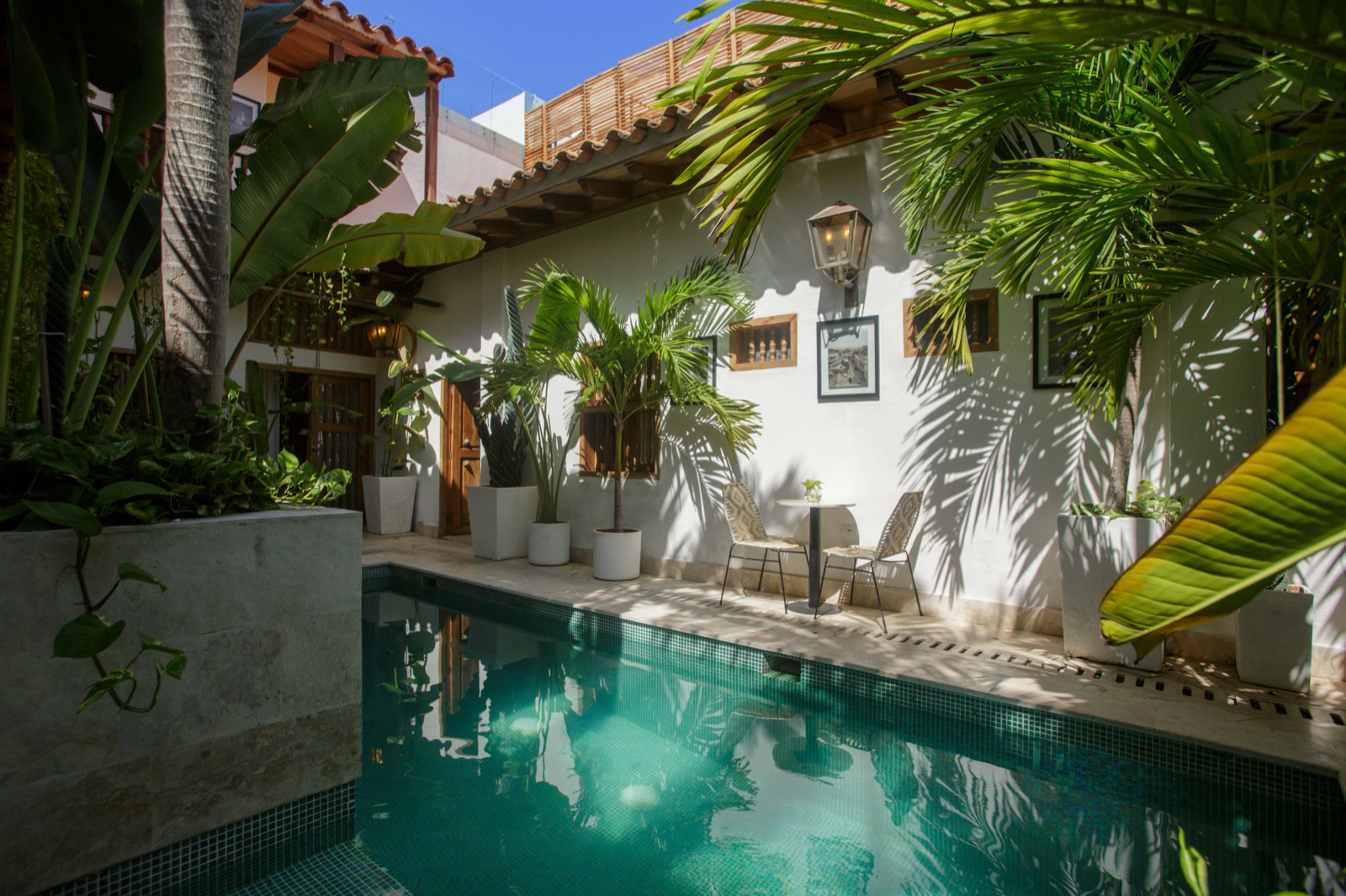 Casa Palmas private courtyard swimming pool framed by white colonial walls, tropical palms, and gas lanterns at midday